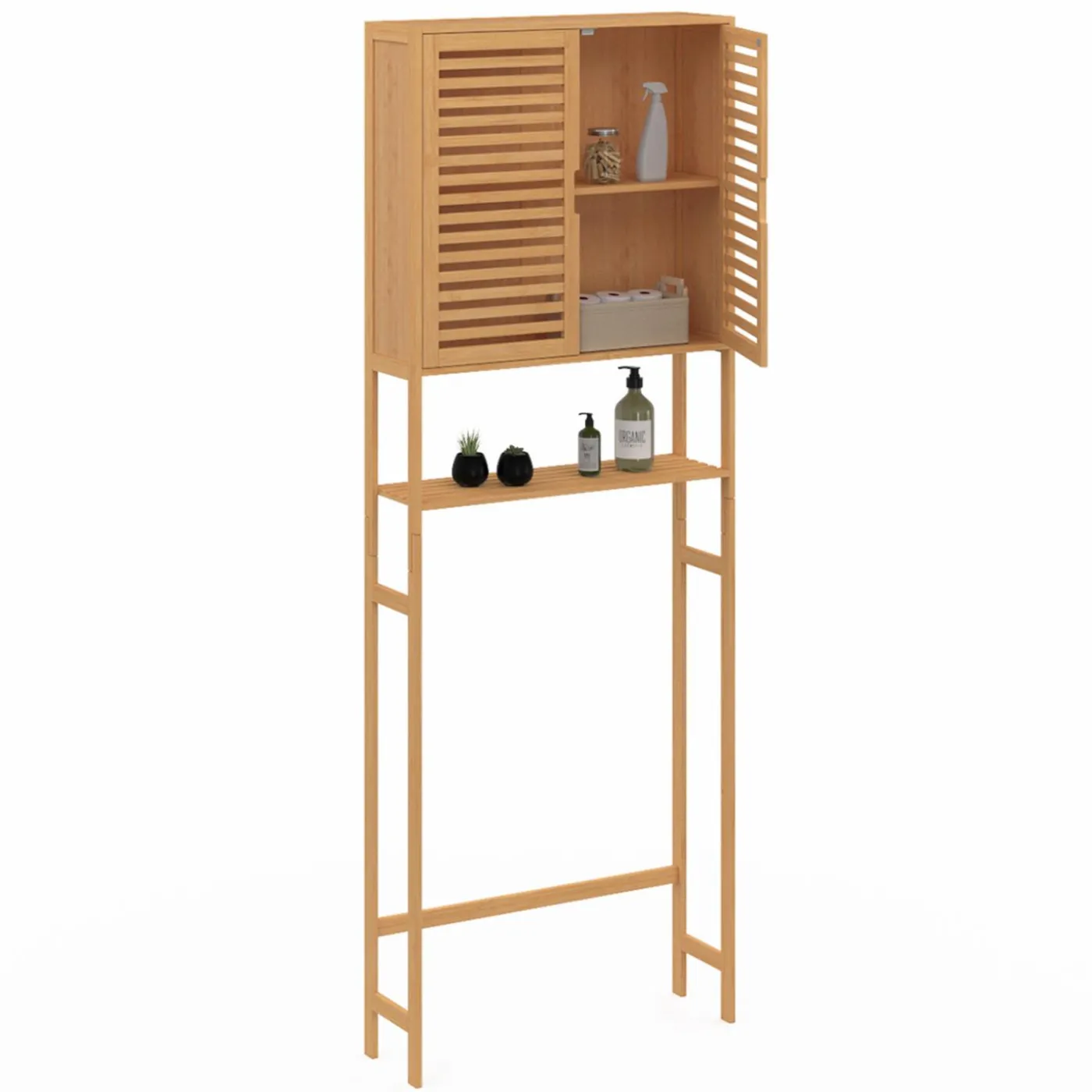 Meuble étagère dessus WC en bambou avec placard