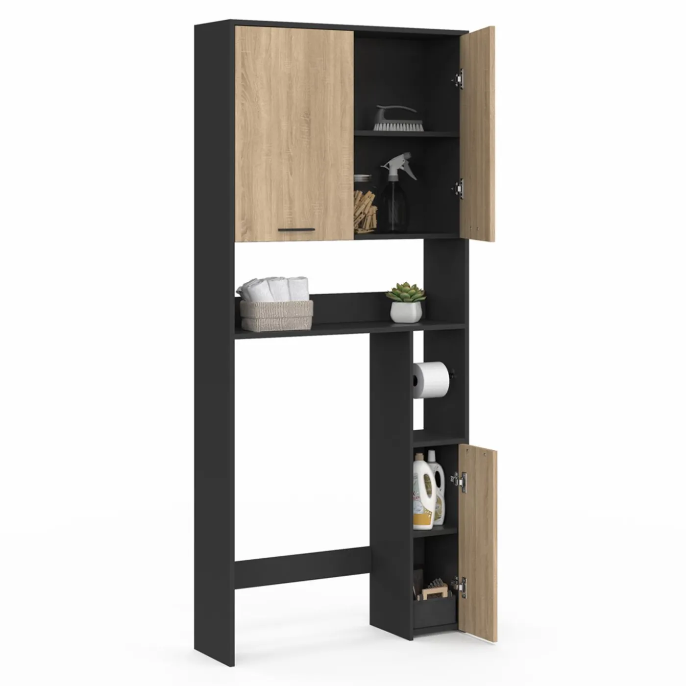 Meuble étagère dessus WC noir et bois façon hêtre