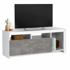 Meuble télé 110 cm blanc et placard effet béton