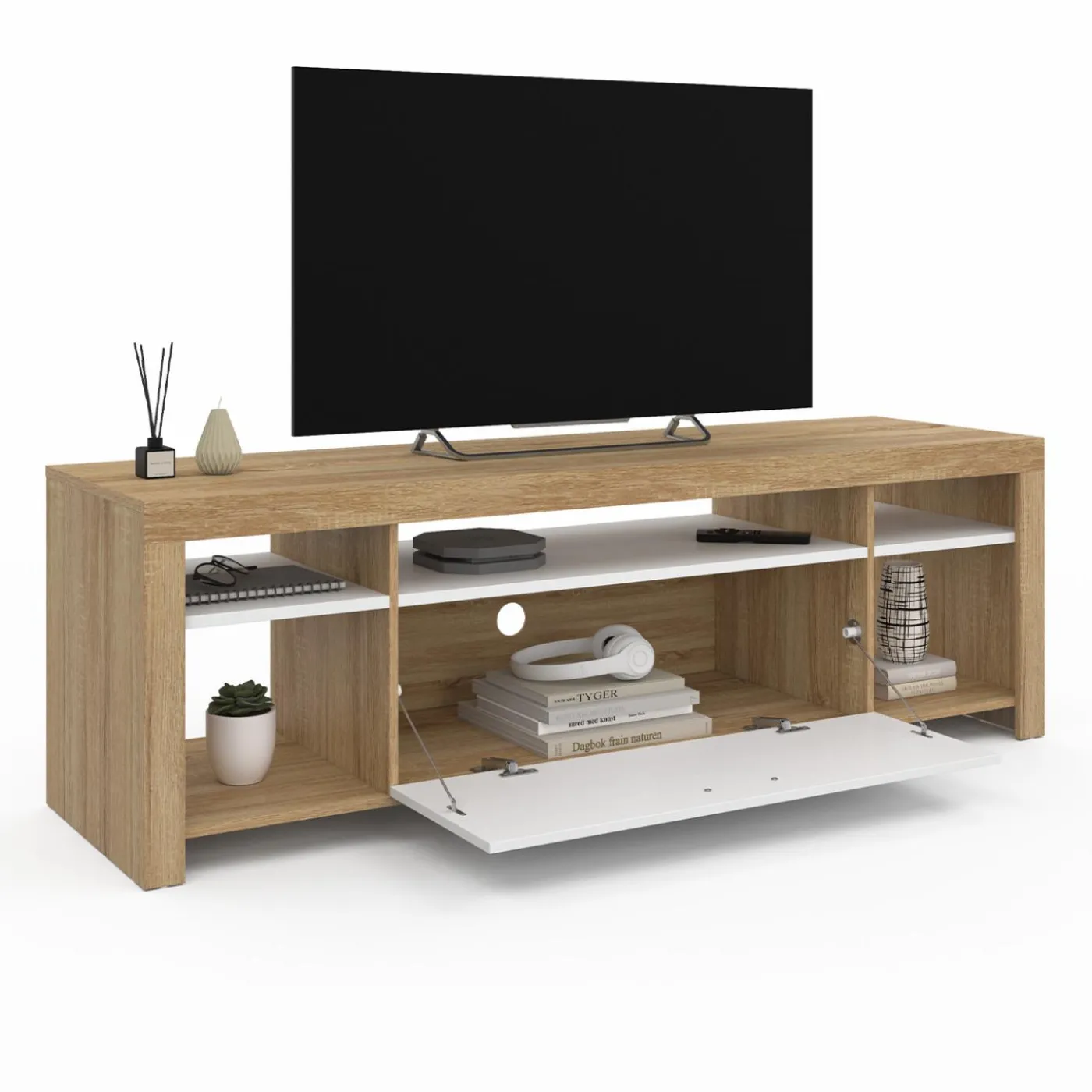 Meuble télé 140 cm bois et placard blanc