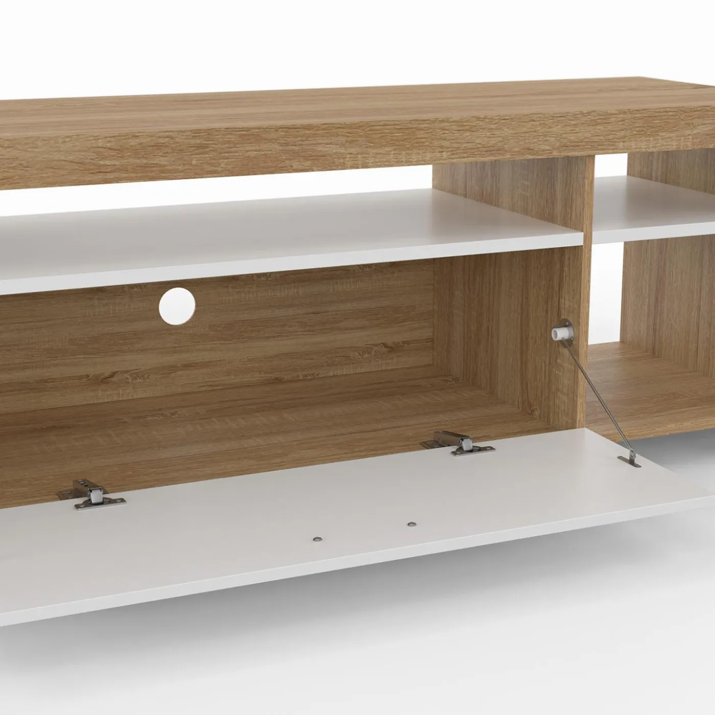 Meuble télé 140 cm bois et placard blanc