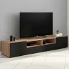 Meuble télé 180 cm noir et bois façon hêtre avec rangement