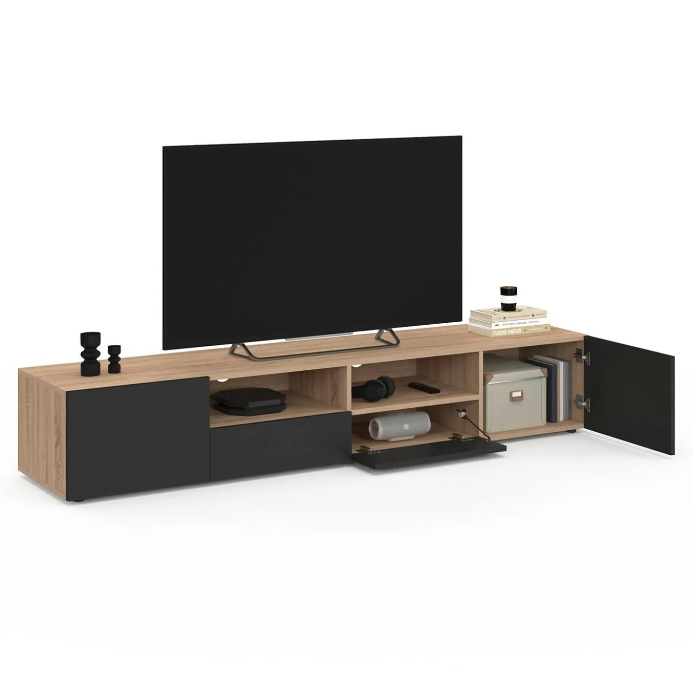 Meuble télé 180 cm noir et bois façon hêtre avec rangement