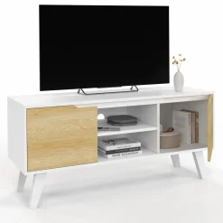 Meuble télé bois blanc 2 portes façon hêtre 110 cm