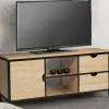 Meuble télé bois et métal avec tiroirs et placard