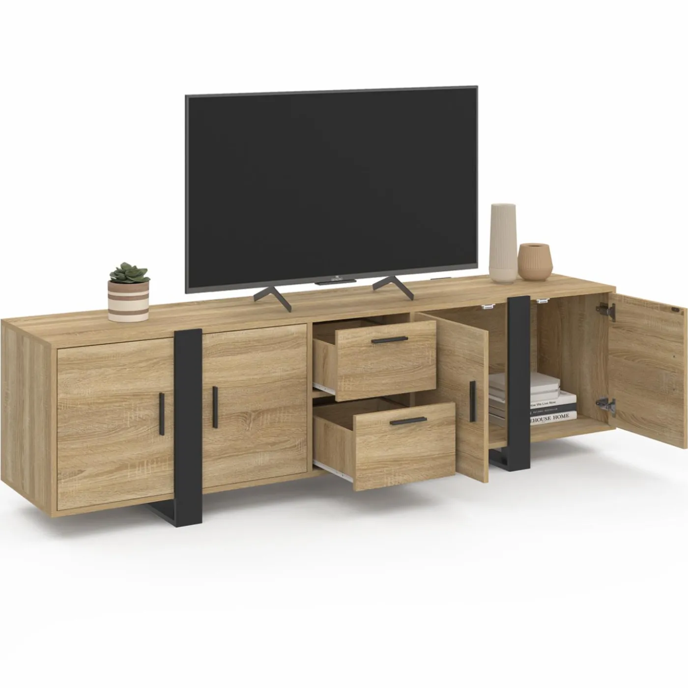 Meuble télé bois et noir 4 portes + 2 tiroirs 180 cm
