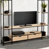 Meuble télé bois métal avec étagères et tiroirs