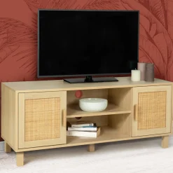 Meuble télé cannage et bois clair avec étagères