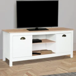 Meuble télé design blanc 2 portes avec étagères