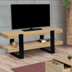 Meuble télé design noir et bois avec double plateau