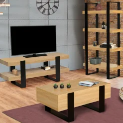 Meuble télé design noir et bois avec double plateau
