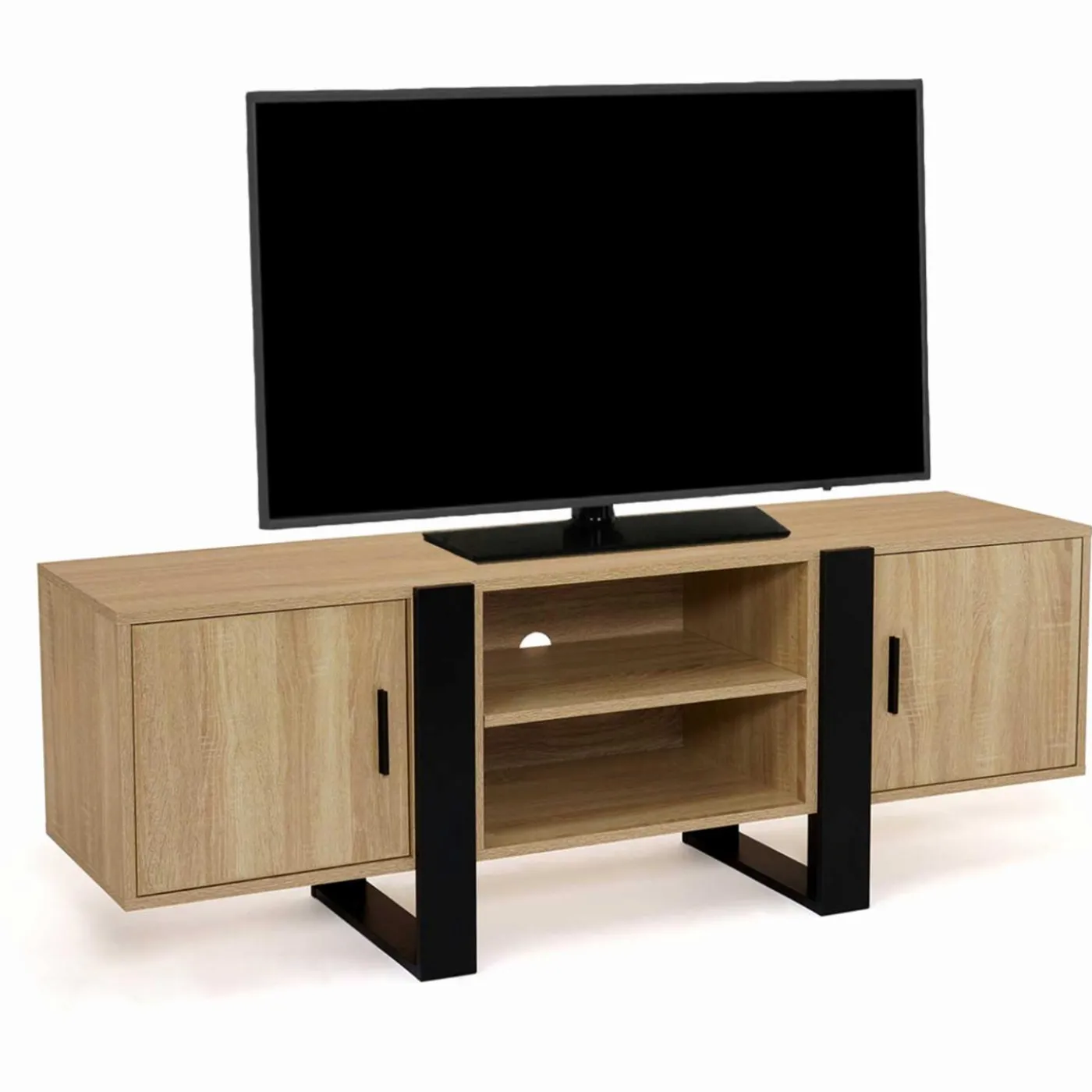 Meuble télé design noir et bois avec 2 portes
