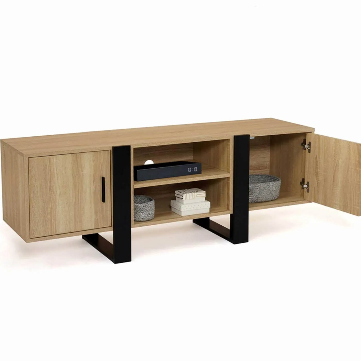 Meuble télé design noir et bois avec 2 portes