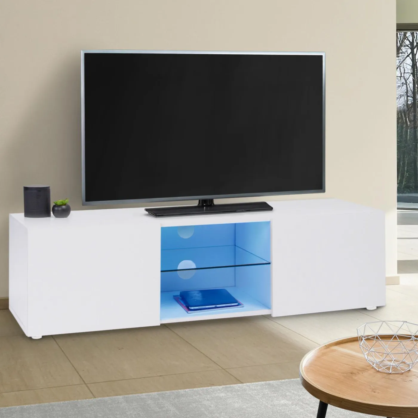 Meuble télé LED blanc avec étagère en verre