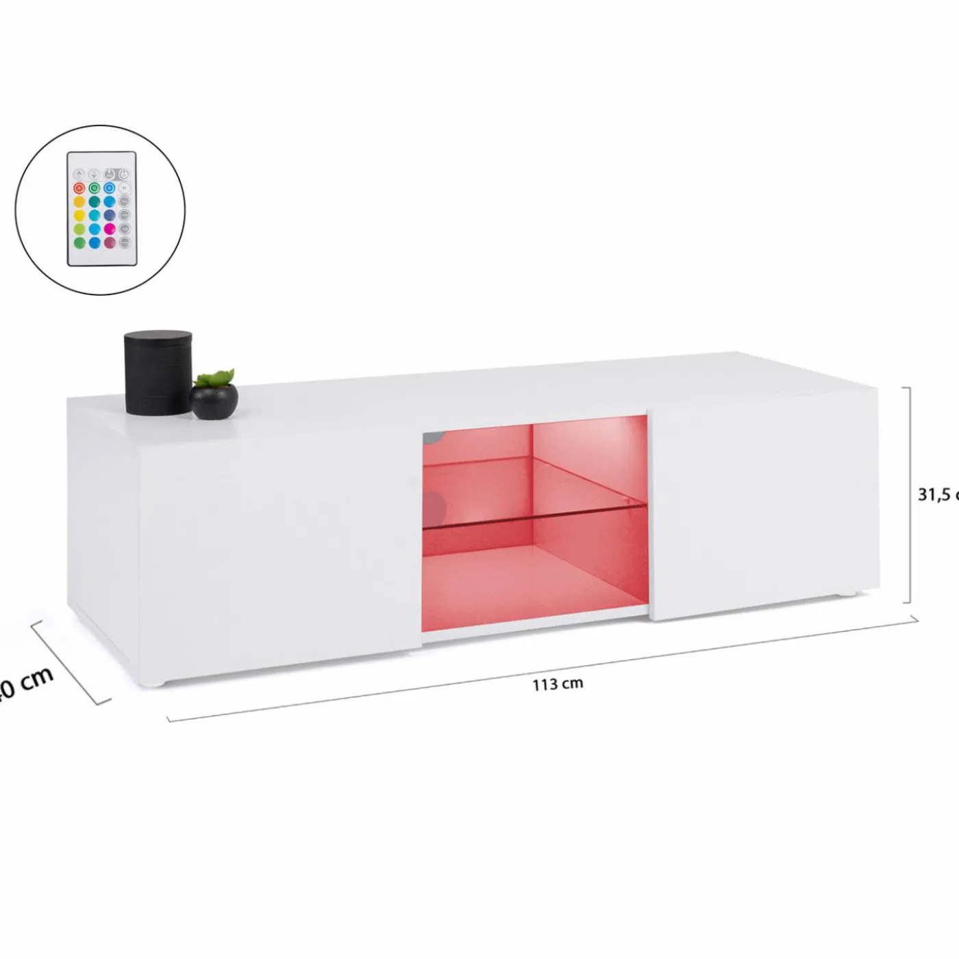 Meuble télé LED blanc avec étagère en verre