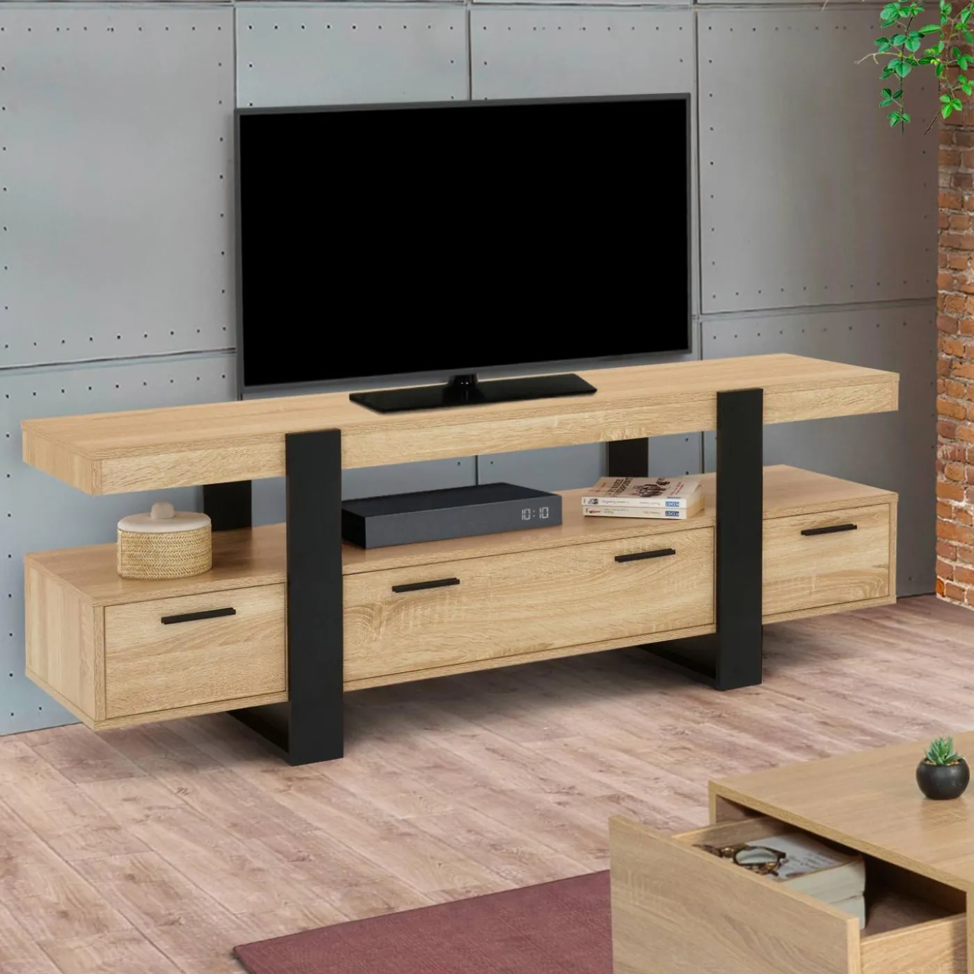 Meuble télé noir et bois 140 cm avec 3 tiroirs