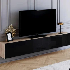 Meuble télé suspendu noir et bois 180 cm