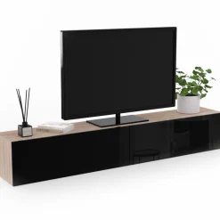 Meuble télé suspendu noir et bois 180 cm