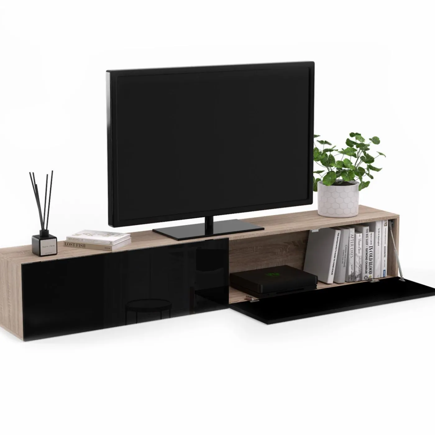 Meuble télé suspendu noir et bois 180 cm