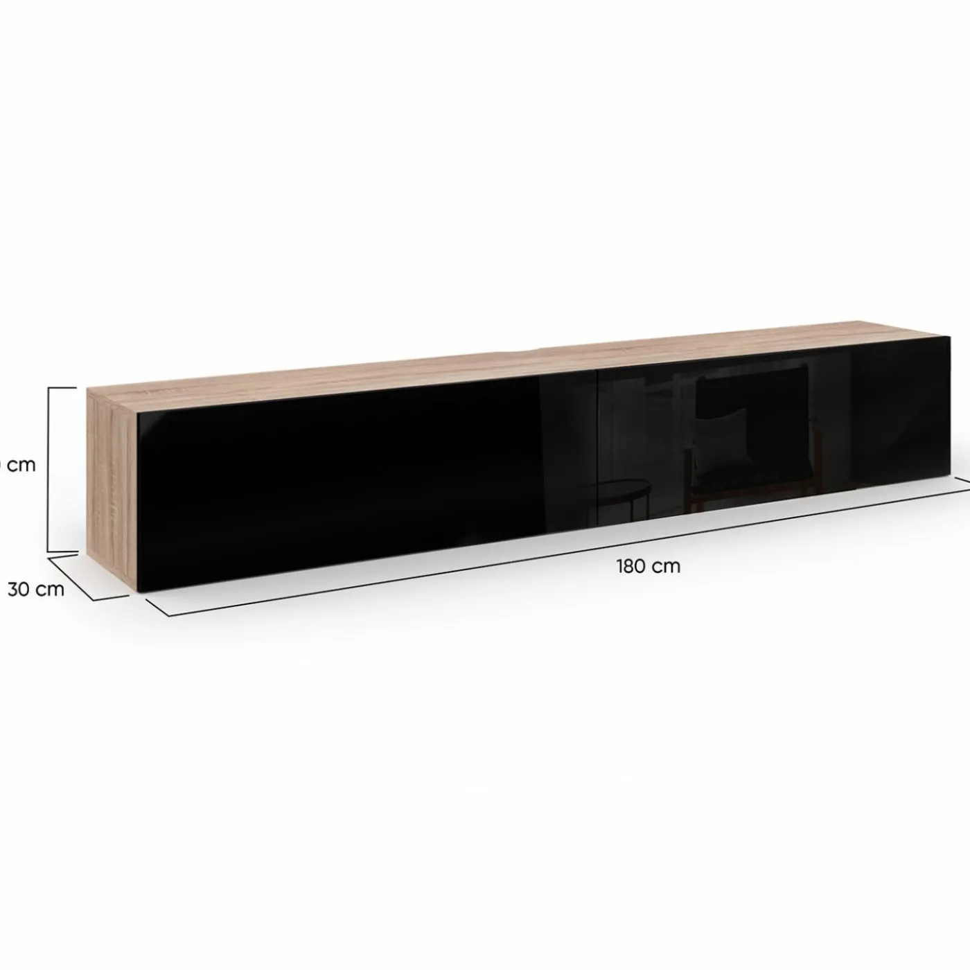 Meuble télé suspendu noir et bois 180 cm