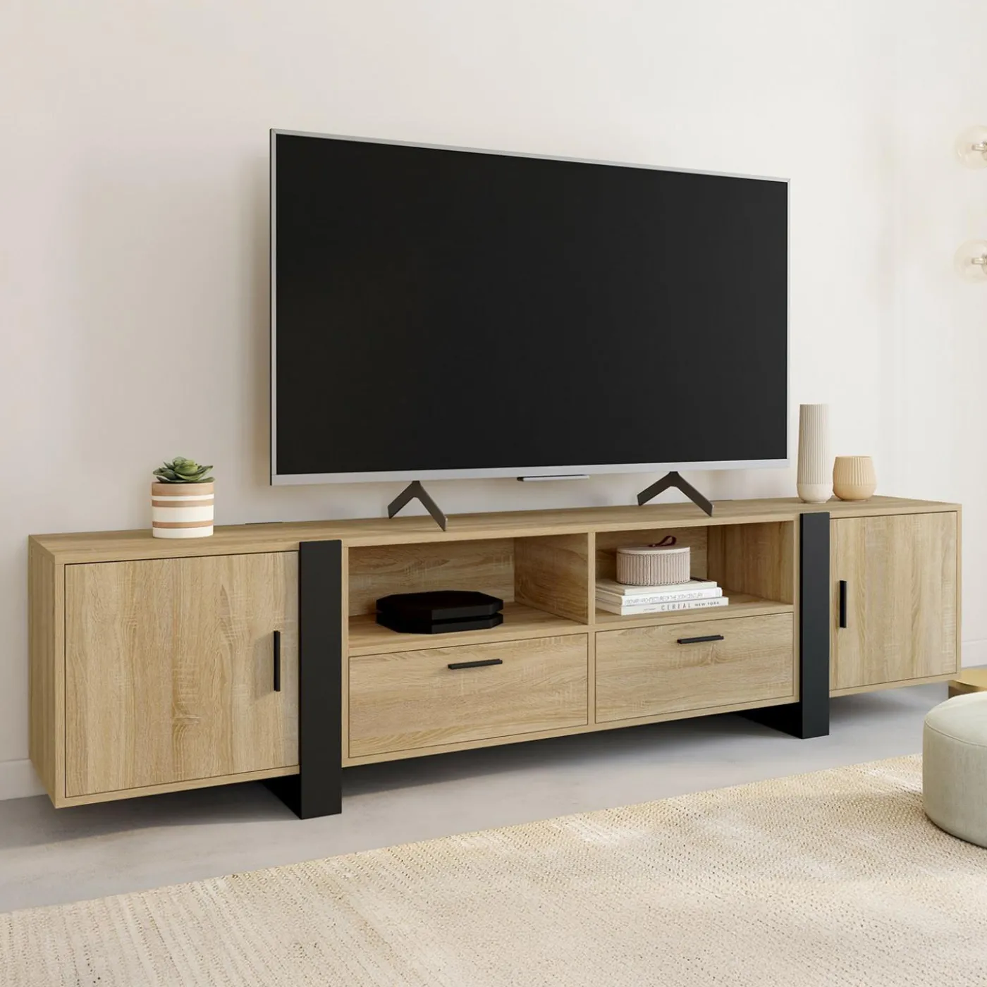 Meuble TV 200 cm 2 portes 2 tiroirs bois et noir