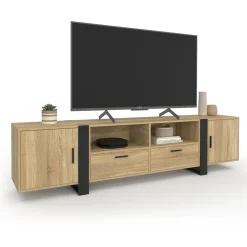 Meuble TV 200 cm 2 portes 2 tiroirs bois et noir