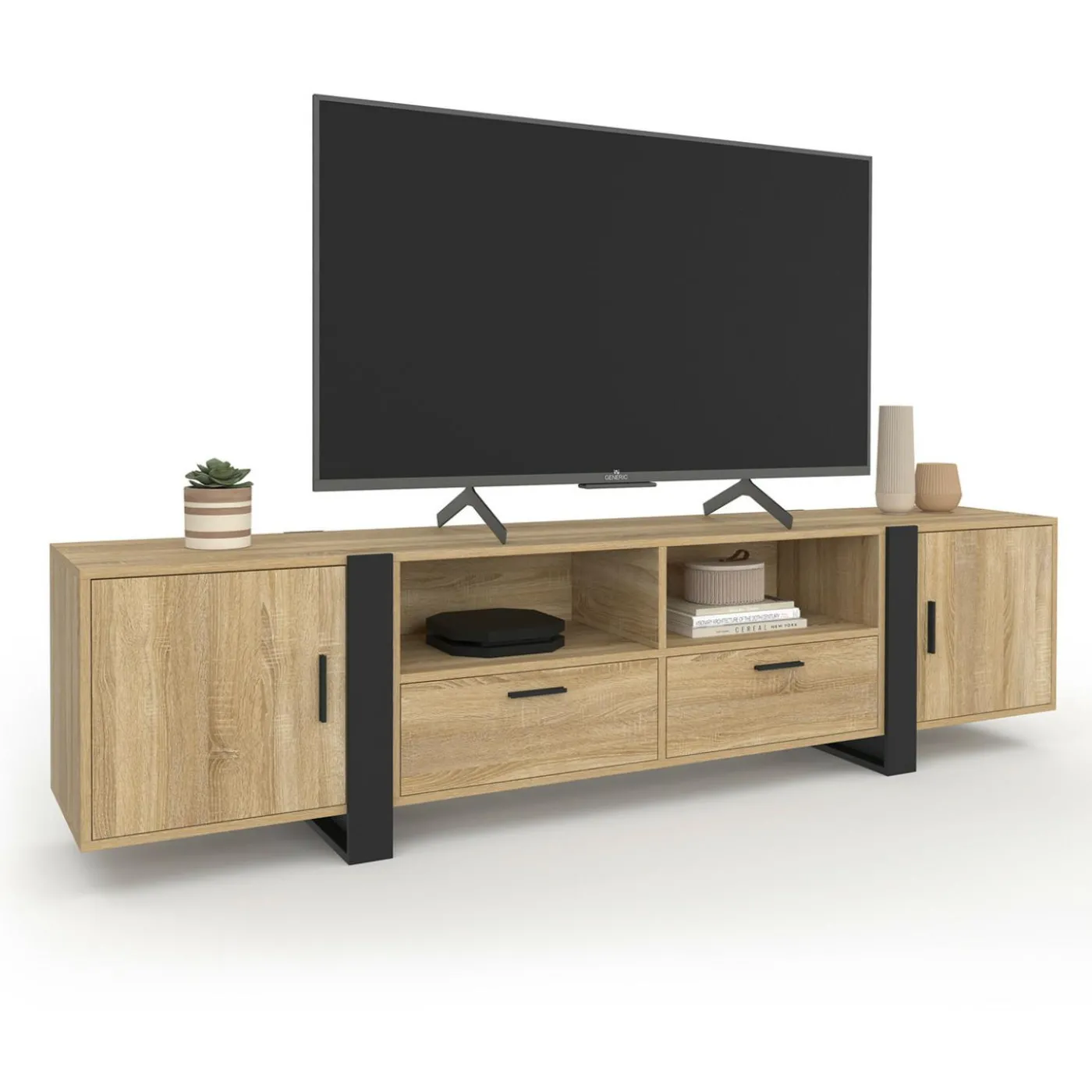 Meuble TV 200 cm 2 portes 2 tiroirs bois et noir