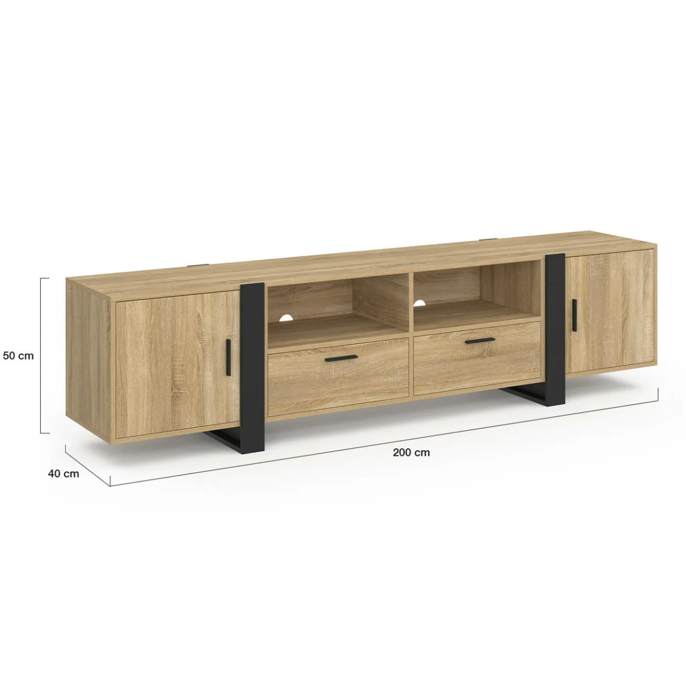 Meuble TV 200 cm 2 portes 2 tiroirs bois et noir