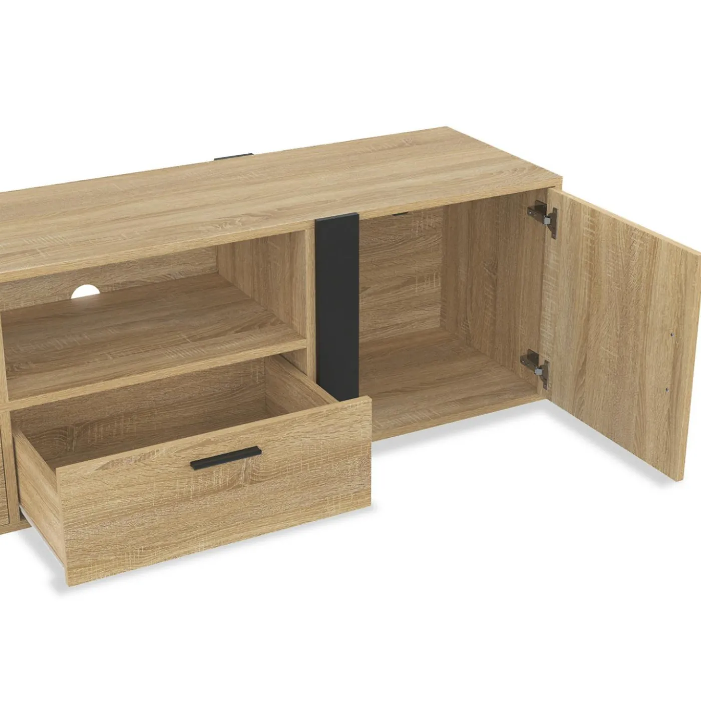 Meuble TV 200 cm 2 portes 2 tiroirs bois et noir