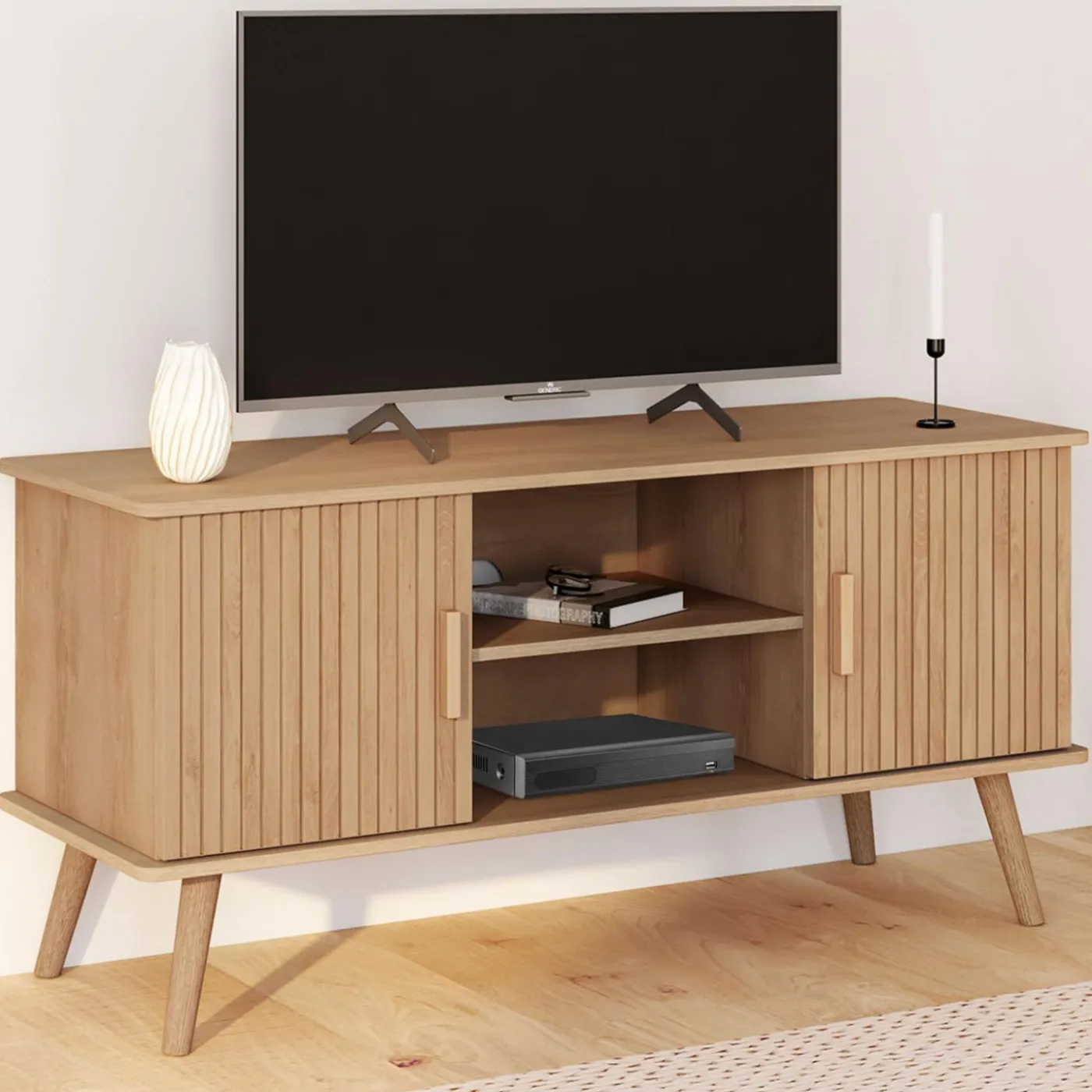 Meuble TV 110 cm avec 2 portes effet lattes tasseau bois