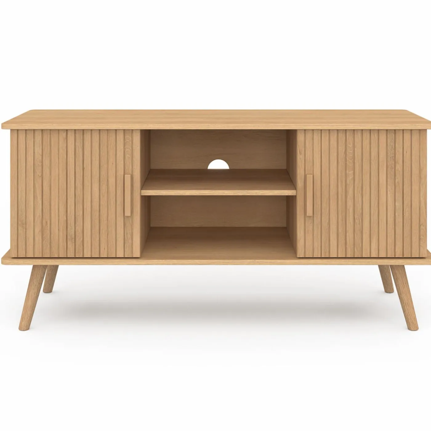 Meuble TV 110 cm avec 2 portes effet lattes tasseau bois