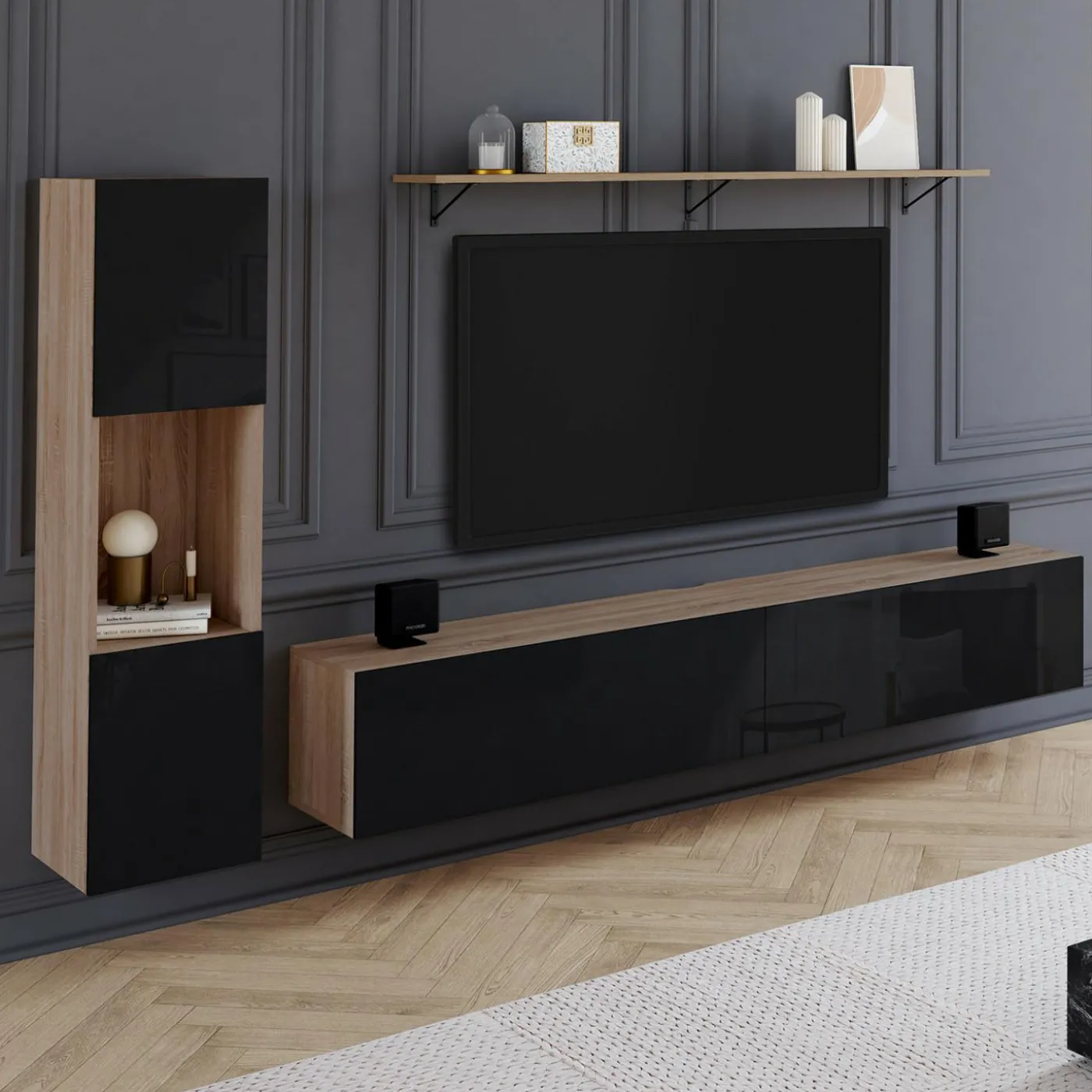 Meuble TV 180 cm avec colonne et étagère
