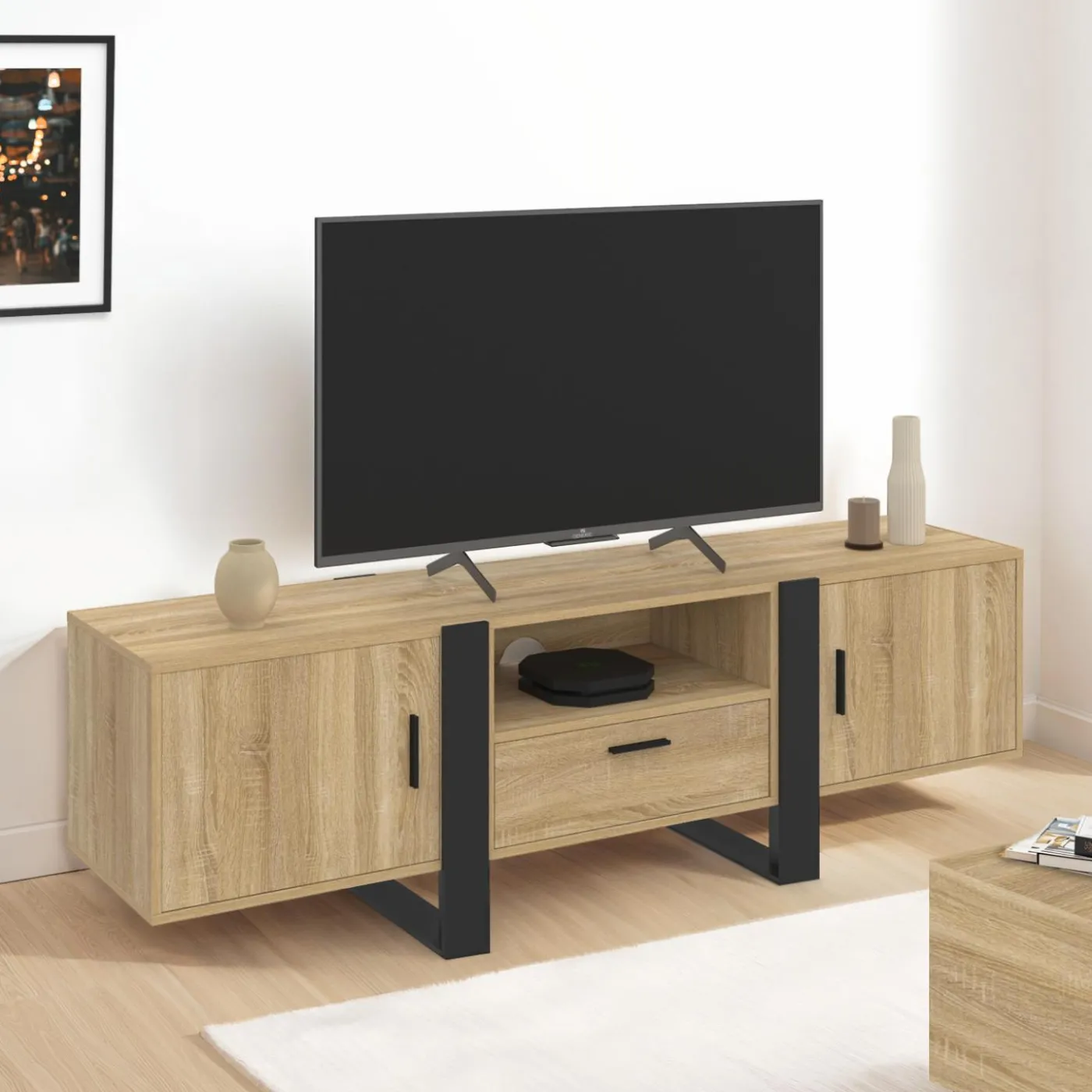Meuble TV 160 cm bois et noir 3 portes