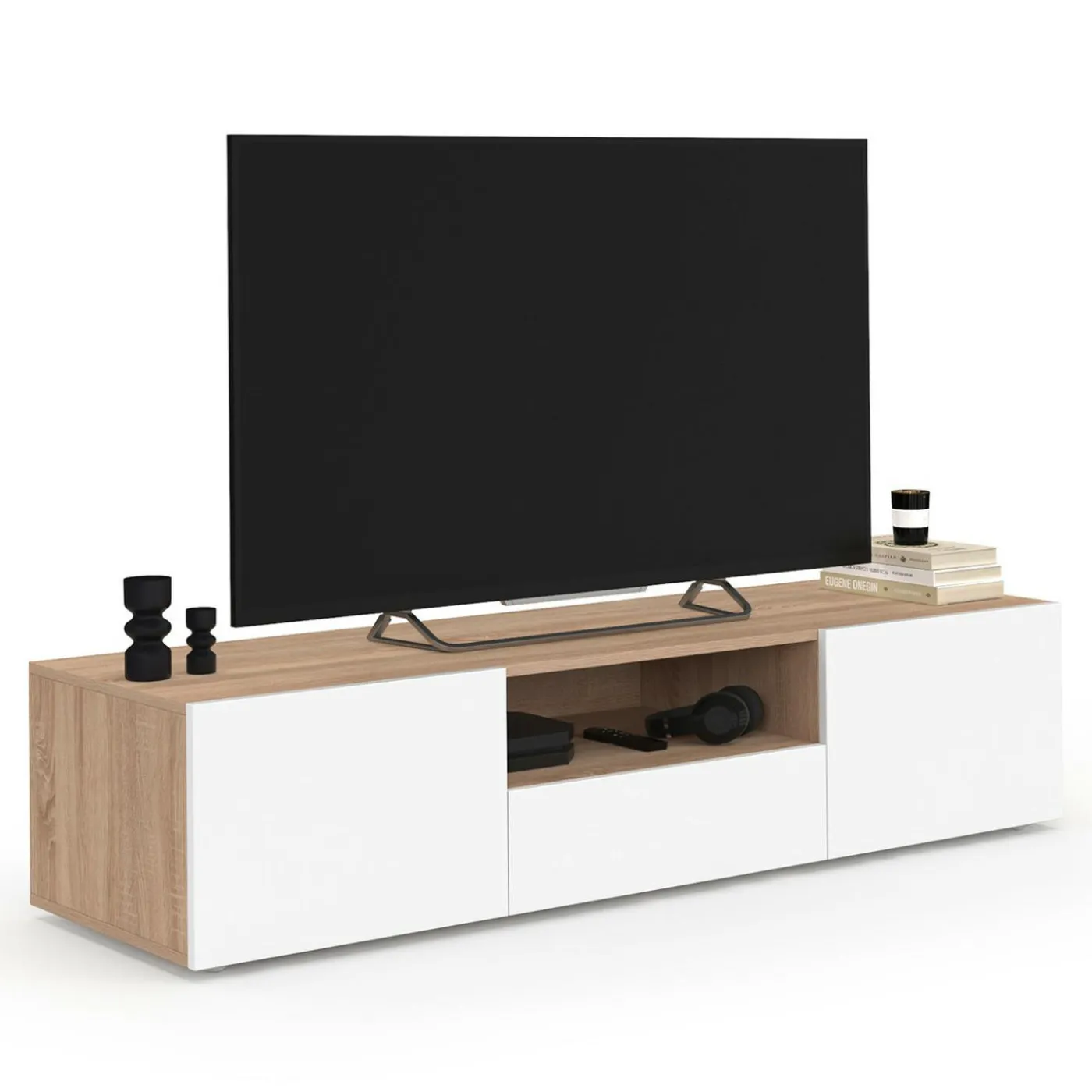 Meuble TV 140 cm bois façon hêtre portes blanches