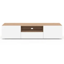 Meuble TV 140 cm bois façon hêtre portes blanches
