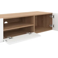 Meuble TV 140 cm bois façon hêtre portes blanches