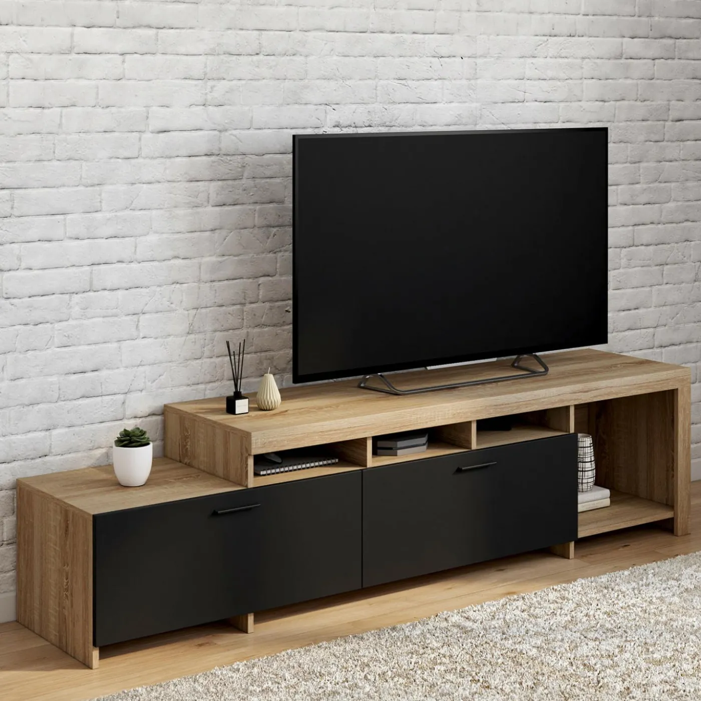 Meuble tv 180 cm bois placards noirs