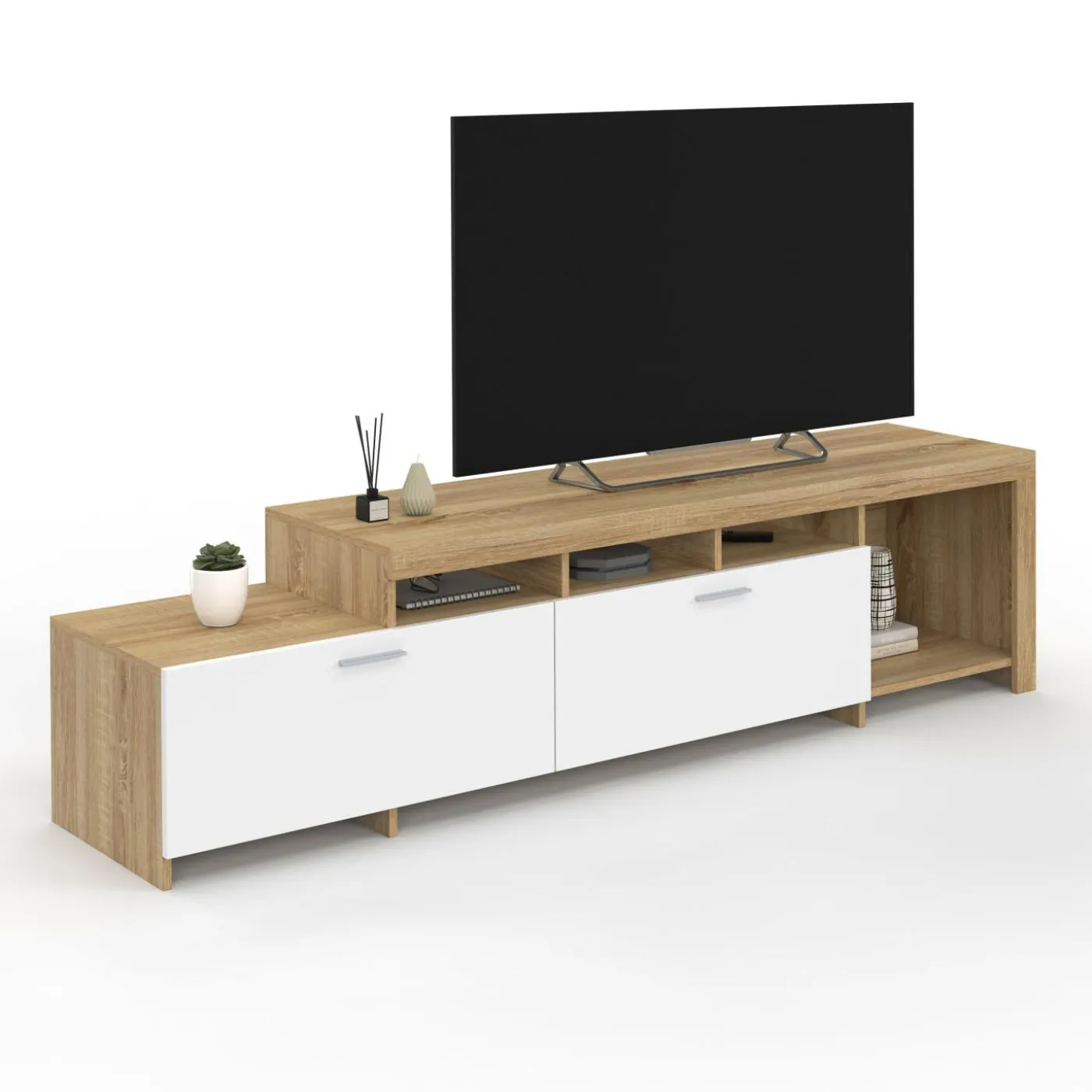 Meuble tv 180 cm bois placards blancs