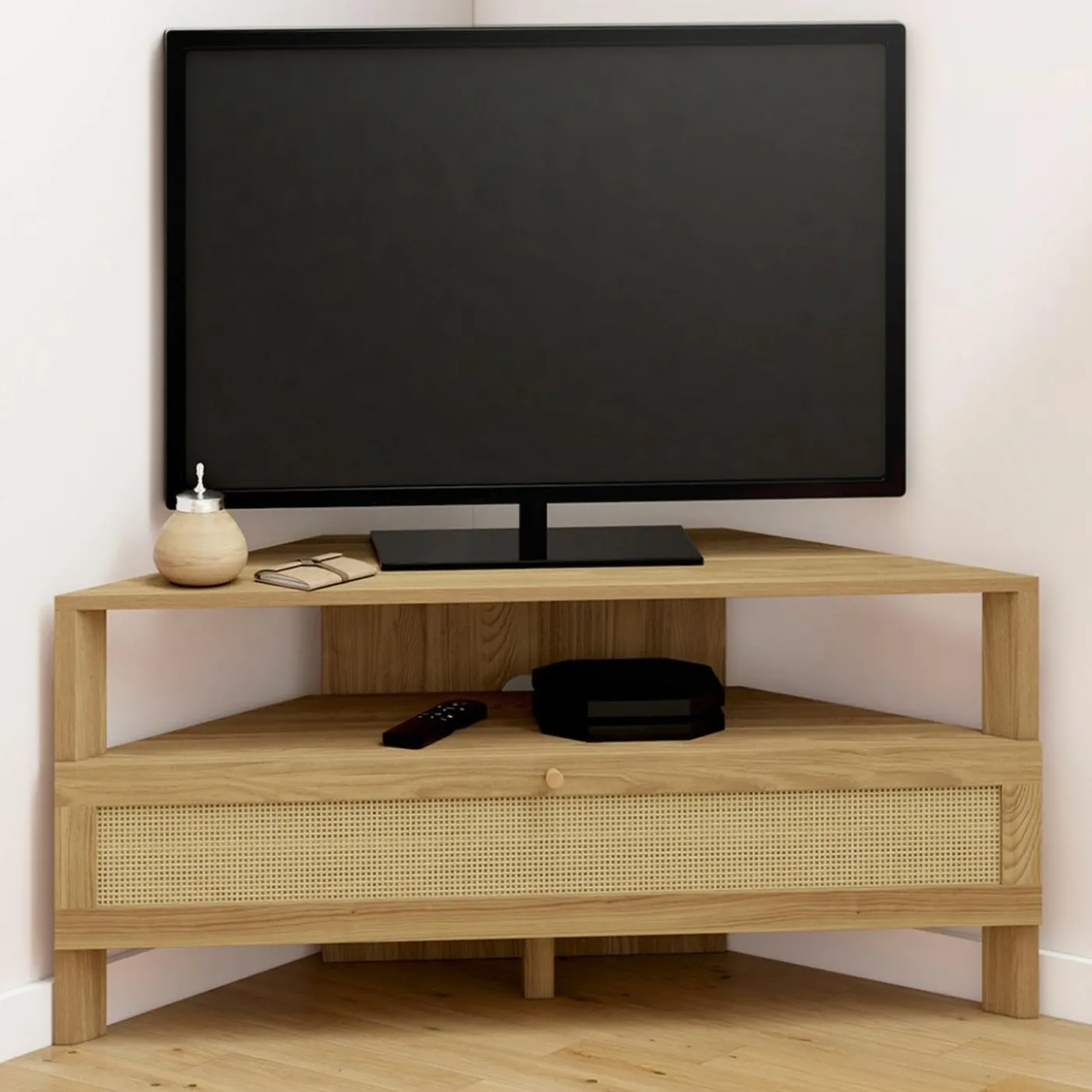 Meuble TV 100 cm d'angle 1 porte effet naturel cannage