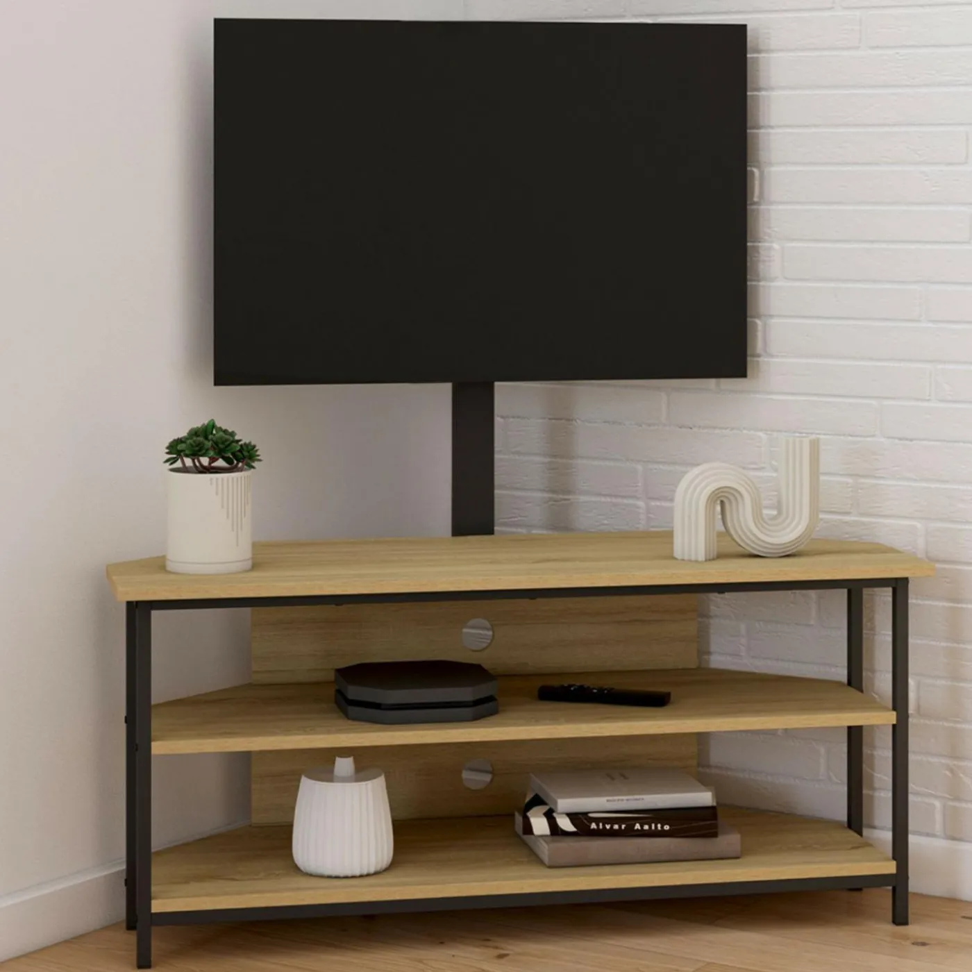 Meuble TV 100 cm d'angle design industriel avec étagères et support TV réglable de 32 à 70 pouces