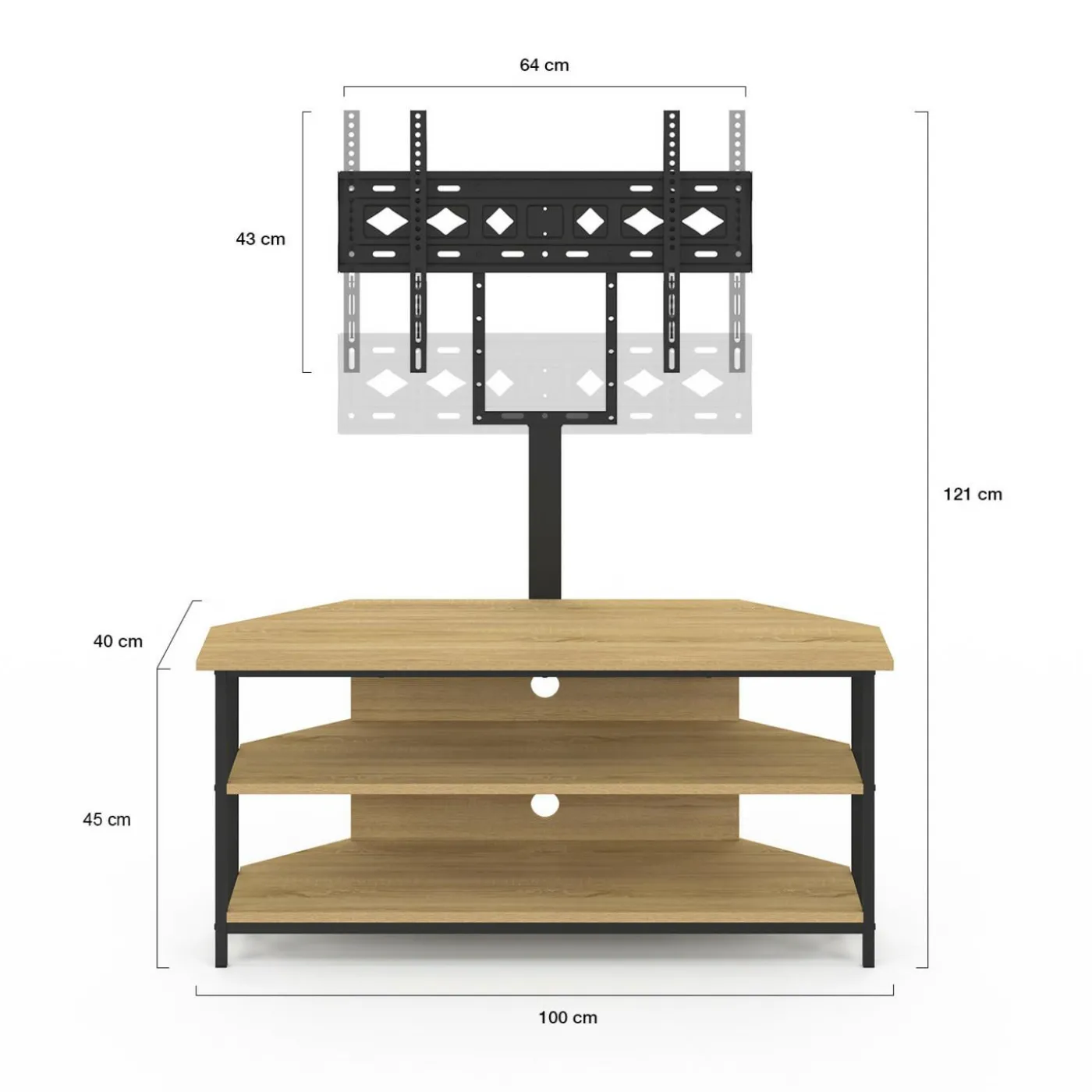 Meuble TV 100 cm d'angle design industriel avec étagères et support TV réglable de 32 à 70 pouces
