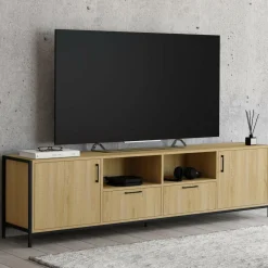 Meuble TV 180 cm design industriel 2 portes 2 tiroirs