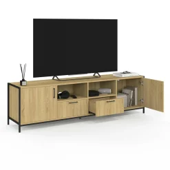 Meuble TV 180 cm design industriel 2 portes 2 tiroirs