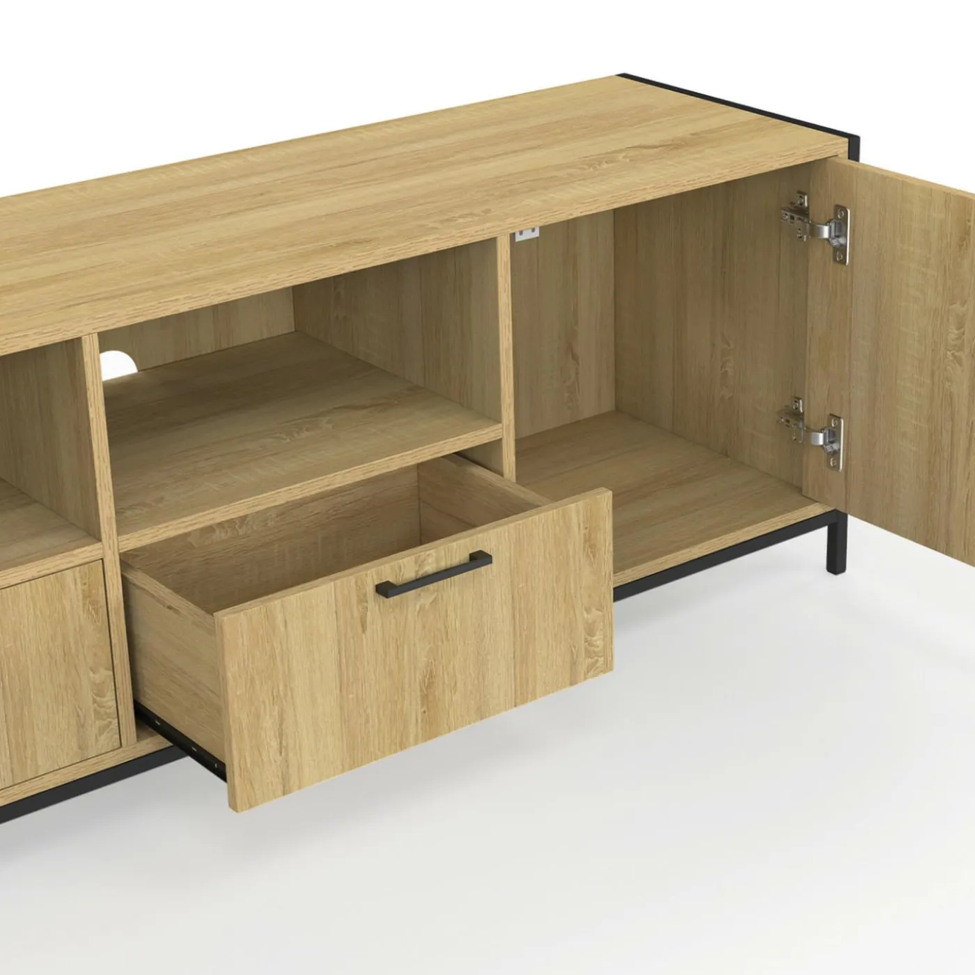 Meuble TV 180 cm design industriel 2 portes 2 tiroirs