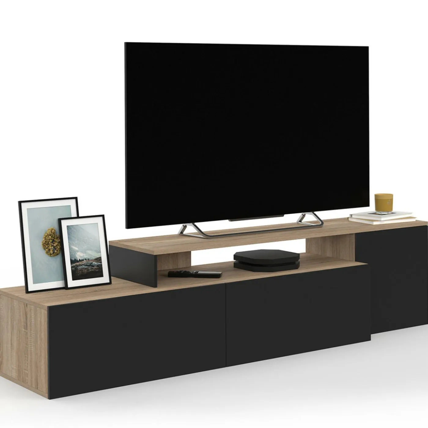Meuble TV 140-180 cm modulable d'angle rotatif bois et noir