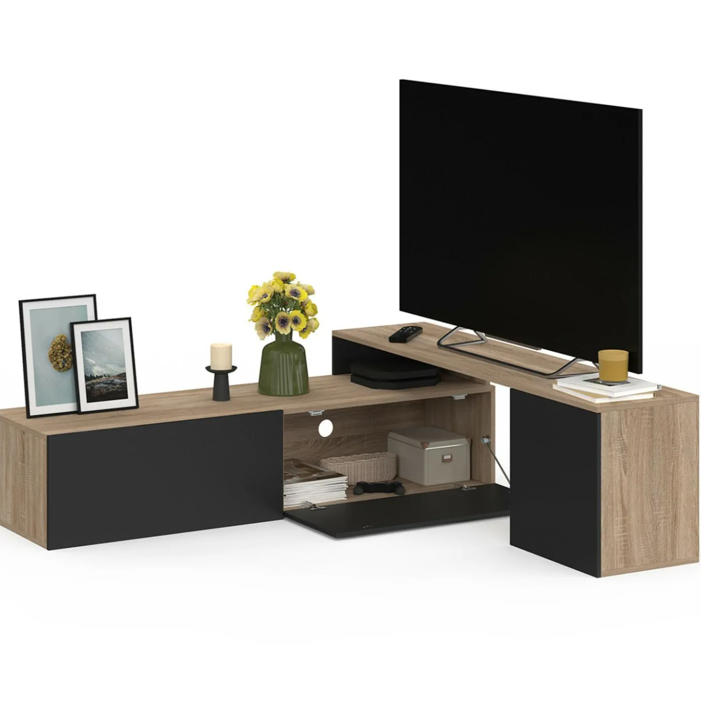 Meuble TV 140-180 cm modulable d'angle rotatif bois et noir
