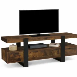 Meuble TV 140 cm noir et bois effet vieilli avec rangement