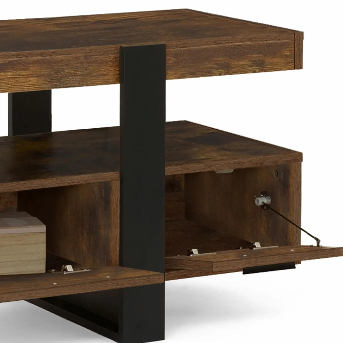 Meuble TV 140 cm noir et bois effet vieilli avec rangement