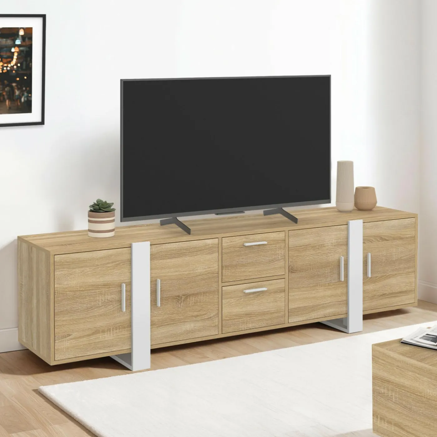 Meuble TV 180 cm PHOENIX 4 portes + 2 tiroirs bois et blanc