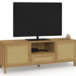 Meuble TV 140 cm vintage 3 portes effet naturel cannage